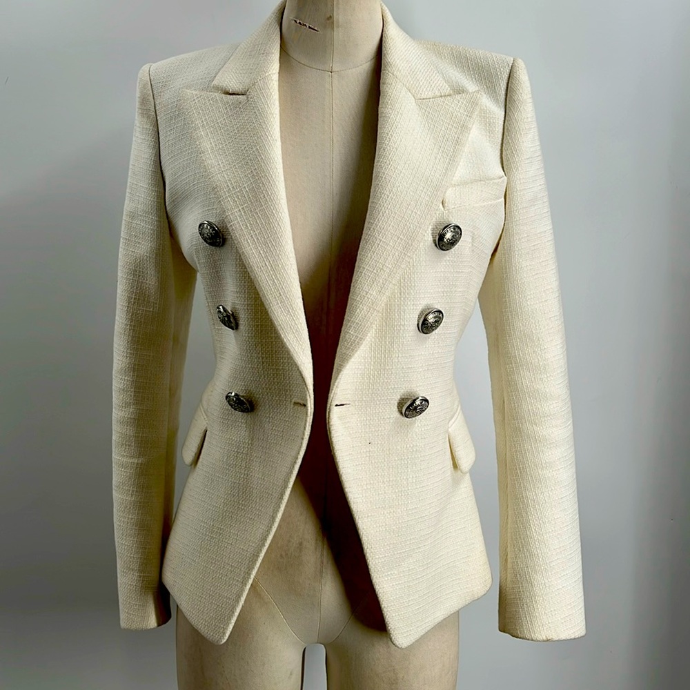 BALMAIN Women's Double Breasted Silver Button Ivory Cott Blazer Jacket Size T.36